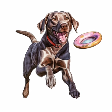 labrador retriever chasing a frisbee , clipart, digital watercolor illustration style, plain white background, highly detailed, centered composition, 4k, HQ, HD, 300 DPI