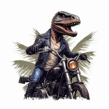 Create a clipart of a cute velociraptor in a leather jacket riding a vintage motorcycle. Strong and aggressive colors. Jungle trees before a White Background, soft lighting.