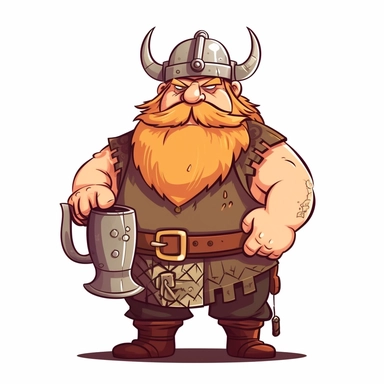 fat little silly viking man character, with beard, looking stright front view, holding his stomach after getting hitted, clipart illustration