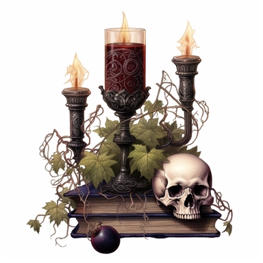 gothic clipart, skulls, books and ivy. goblets, candles