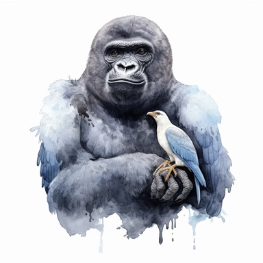 realistic watercolor gorilla holding a bird with its 2 hands on solid white background, clipart