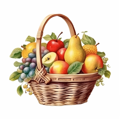 vintage basket full of fruit, watercolor, clip art, white background