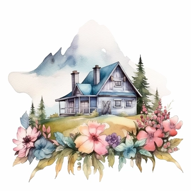 watercolor cottage house wildflowers clipart, far away mountains, subdued colors