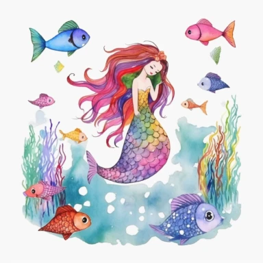 Ghibli mermaid clipart in watercolor with white background, she is swimming, surrounded by colorful fishies, for kids, 8k, higher resolution, svg
