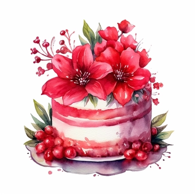 clipart, isolated on white background, Watercolor cake with flowers, red colored, ornated, vivid and vibrant and saturated colors