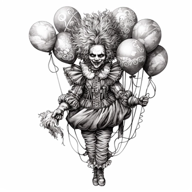 an intricate full-body ink drawing of a scary clown demon holding balloons, pencil shading, black and white, white background, clipart