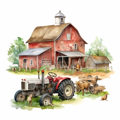 Make a clipart of a watercolor painting of a farm with barn animals and a tractor. no background