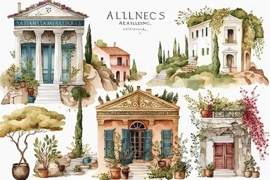 Very cute and Whimsical antique houses of Athens, ancient Greece, Parhenon, colorful, Watercolor, clip art, white background,