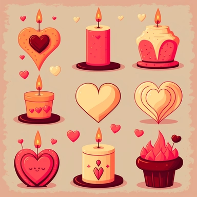 Create a set of playful, cartoon-style clip art images featuring candles with a Valentine's Day theme. The images should have a fun and romantic aesthetic, incorporating elements such as candles in various shapes and sizes, hearts and cupids, or other symbols of love and romance. The images should be depicted in a variety of styles and sizes, with added details such as texture, shading, or other realistic features. The cartoon style should add a fun and playful element. Overall, the images shoul