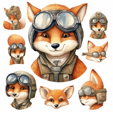 Wood Animals, Pilot Clipart, Aviator Clipart, cute sweet Fox Illustrations