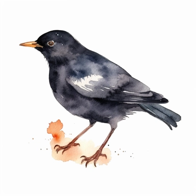 Watercolor blackbird clipart, white isolated background, space out, hd