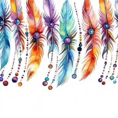 a feathered and beaded divider clipart, watercolor, firm outline