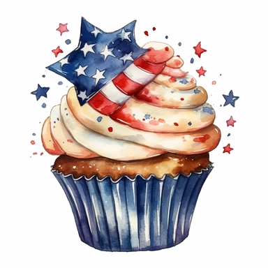watercolor American flags cupcake, cartoon sticker, clipart, white background, hd, 32k