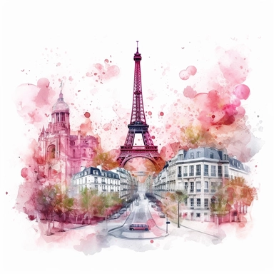 watercolor promotional print for the city of Paris depicting the essence of the France soul, dreamlike, inspired by line art in pink color, clipart, on white background
