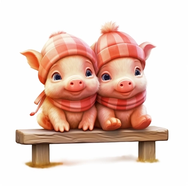 2 cute and fluffy baby pigs sitting on a bench, disney style, clipart on white background, no shading