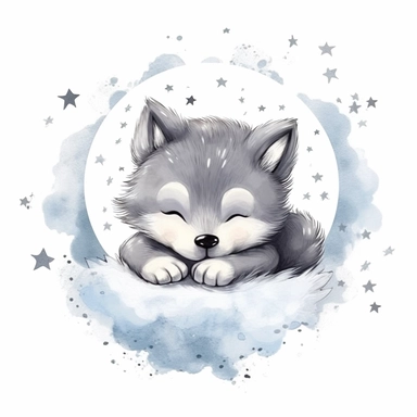 Cute wolf illustration by willows character, realistic adorable wolf sleeping on a soft moon surrounded by stars, sleepy happy clipart, nursery style clipart, Nursery Animals Art, Kids Wall Art, Kids Room Decor, Baby Room Decor, isolated on white, ultra - detailed, high quality, ghibli style, award winning