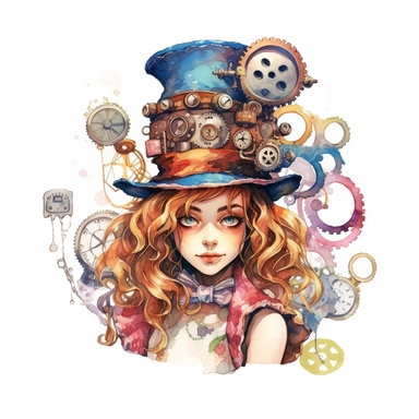 An alice in wonderland character , watercolor steampunk style, white background, clipart