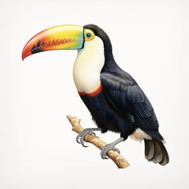 watercolor for a clipart with a white background of a tucan, hyperrealism, painted by Mary Jane Ansell