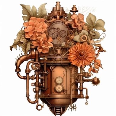 Create a captivating set of steampunk floral arrangements clipart that combines the enchanting elements of Victorian aesthetics with the futuristic allure of steampunk culture. Utilize digital illustration as the artistic medium to bring these unique compositions to life. Draw inspiration from steampunk genres, referencing the works of authors like Jules Verne and incorporating iconic steampunk imagery such as gears, clockwork mechanisms, and intricate metalwork. Embrace a vibrant color palette 
