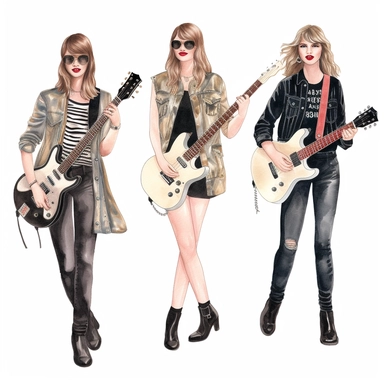 Hand drawn Taylor swift, the eras concert outfits, half body, very detailed and realistic, watercolor, white background with margins, clipart style