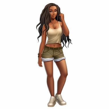 beautiful black teenage girl with beautiful long hair to her waist, dressed casually. Full perspective and, long shot A young black woman with full lips and a big beautiful smile, dressed in khaki shorts and a tank top, has long hair and beautiful shapely legs, wearing heels, clipart in the style of digital airbrushing, feminine sticker art, dollcore, realistic face, realistic body, glamorous,