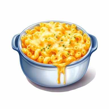 watercolor ultra realistic and hyper detailed illustration of a Macaroni and cheese with a creamy cheese sauce, clipart, white background