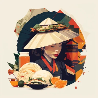 Creative graphic design, design, Vietnam pop culture, Hanoi, a girl with bahn mi, traditional vietnamese hat, collage, clipart, graphic, illustrations, 16K
