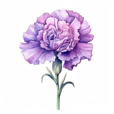 Watercolor purple carnation clipart on a white background in the style of feminine sticker art, Tanya Shatseva, storybook illustration, deep purple and lavender hues, Georgia O'Keeffe, flower and nature motifs, colored line art, colored outlines, cottagecore design, watercolor on white background, ombre, royal tones, colored line art, colored outlines, iridescent ombre, gradient shading, symbol of capriciousness, vibrant digital art oil paint photorealism, an illustration of a colored flower, me