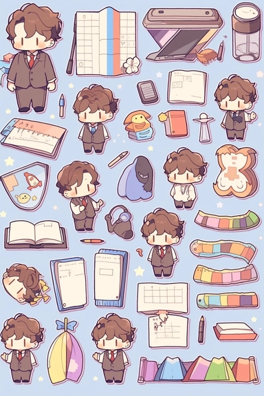 Stickers, Clipart, Knolling layout of cute Teacher themed, accessories neatly placed in equal proportion, Super Giant Pitch, larger spacing, vector stickers, high detail, charater sheet, Bright Colors, Hand Drawn Artwork, anime style, single design, 8k, white background, appropriate blank