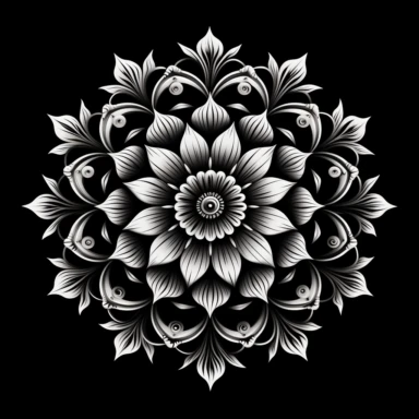 mandala made of flowers , in circle shape, ornate, lineart, clipart, black and white, png , black background, realistic