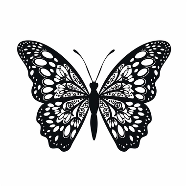 butterfly black silhouette with white highlights on white background, flat svg clipart style, high quality, details