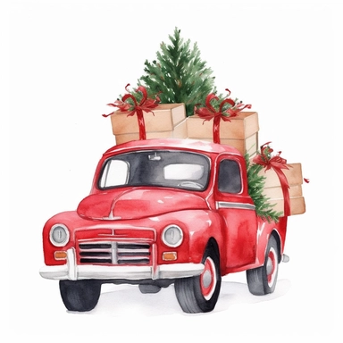 Red Christmas Truck clipart Decoration on white background, watercolor bright high resolution