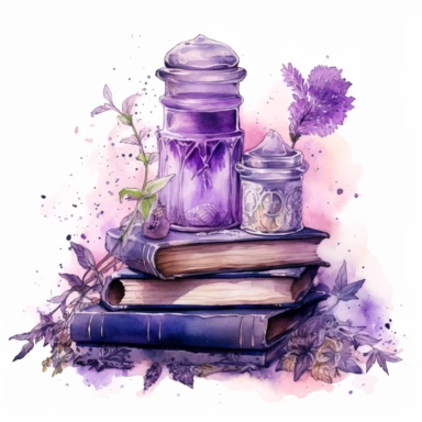 Spellbook, in the style of light silver and violet, mysterious and dreamlike scenes, realistic painted still lifes, vibrant watercolors, dreamlike installations, witchy academia, contest winner, watercolor clipart