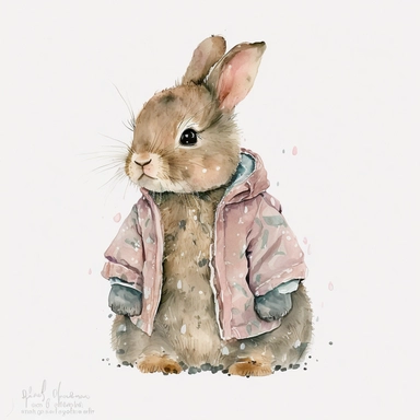 a cute watercolor clipart baby bunny wth cute hears and a pink jacket) inspired in rabbit from beatrix potter with white background