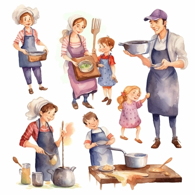 multiple poses characters of a family including dad, mom and kid. thay are enjoy cooking inthe kitchen , watercolor in medieval cartoon grunge style clipart on white background