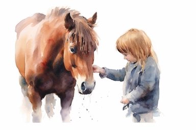 realistic watercolor drawing of a girl hand feeding a pony on a charming farm, on a white background where the background will be removed to repurpose as a clipart, vibrant color watercolors, love, realistic watercolor painting style