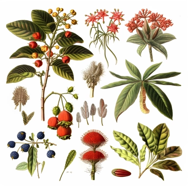 Clipart, vintage, watercolor, Botanical prints from the 1800s representing the diverse plant life of the South American rainforests, hand draw, texture