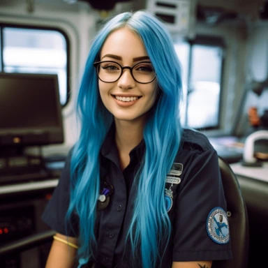 young mid twenty woman, long blue hair, black framed glasses, in a bright blue Medical Department workshirt, an ambulance patch on the side of the shirt, black Trousers, a Radio device clipped on the shoulders, smart, Fresh smile, 50mm, f1.8, Beatuy Retouche, beautiful, standing in Front of an American Hospital, sunset, happy, photorealistic, dark strong blue hair,