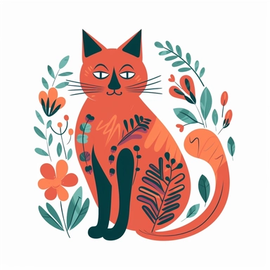 shaggy cartoon style cat, bright colored boho style flowers, silhouette vector flat simple identification symbol white backround white background minimalistic clipart png svg