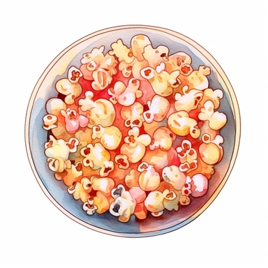 top view of Watercolor colored popcorn in a glass bowl clipart on a white background in the style of feminine sticker art, Tanya Shatseva, storybook illustration, red, white and caramel tones, Georgia O'Keeffe, colored line art, colored outlines, cottagecore design, watercolor on white background, wet-on-wet, ombre, crisp tones, colored line art, colored outlines, iridescent ombre, gradient shading, pure tone, vibrant digital art oil paint photorealism, an illustration of popcorn bucket, meticul