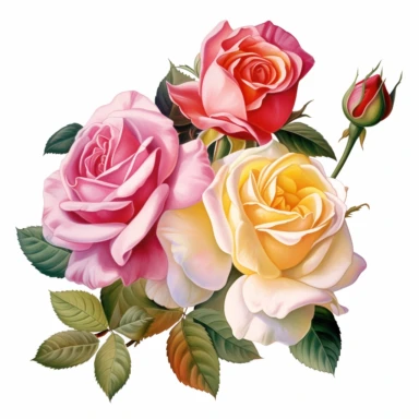 Imagine a delightful watercolor clipart featuring a collection of exquisite roses. The vector image showcases the beauty and elegance of these beloved flowers against a crisp white background. The roses are depicted with vivid and vibrant colors, inviting you to bring them to life with your artistic touch. Each petal of the roses is meticulously illustrated, with delicate details capturing their graceful curves and textures. The variety of colors available in the clipart allows you to explore a 