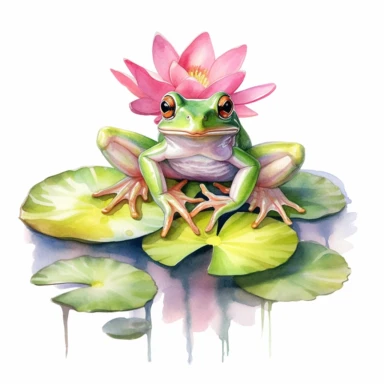 watercolor green frog on lily pad in the water clipart, have pink flowers, white background