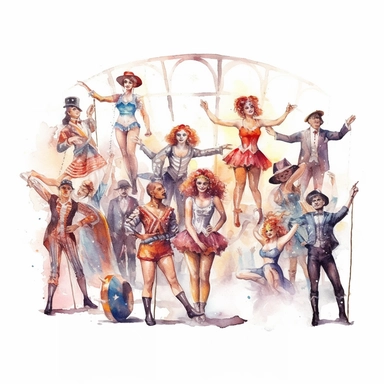 commercial shot of realistic watercolor circus acrobats clipart, amazing performers, 8k, sublimation, high quality watercolor style clipart, intricate design, clipart festival, white background no text, isolated on white, ghibli style, award winning,
