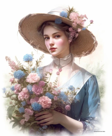 watercolor mixed media portrait of a beautiful feminine village flower gardener with gardener's tool, decorated with forget-me-nots and summer flowers and magic crystals, lace and embroidery, masterpiece by Edouard Bisson style and by Tom Bagshaw style and Hans Zatzka style and Vladimir Kush style, Edwardian fashion, PNG clipart, isolated on white, extreme photorealistic details, 32k HD resolution, realistic high detailization high resolution