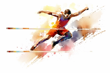 Watercolor, Create a picture of a high jumper clearing the bar with a graceful leap clipart, hd, on a white background, spaced out
