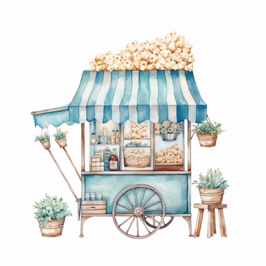 Watercolor wedding popcorn blue machine, wedding clipart, simple, soft colors, cartoon elements, watercolor boho style, white transparent