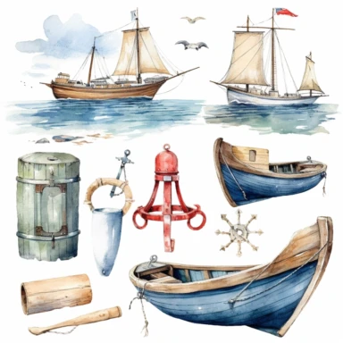 vintage nautical clipart, watercolors, beach, ocean, nautical wedding style, isolated on a white background,