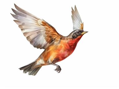 Redwing flying Watercolor isolated on white background, Watercolor Clipart painting, high quality, HD, children's book illustrations, realistic lifelike figures, white background