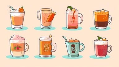 Warm Drinks vector clipart vector Warm Drinks cute collection, in the style of #screenshotsaturday, flat areas of color, flat color blocks, 1970–present, rough-edged 2d animation, lightbox, colorful animation stills
