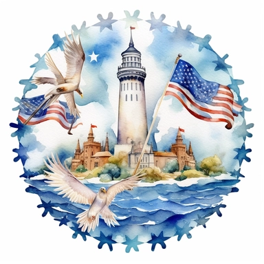 american theme clipart, independence day, in the style of dreamy watercolor scenes, detailed miniatures, free brushwork, pictorial fabrics, pattern, founding fathers sticker art style, patriotic american colors, white backround